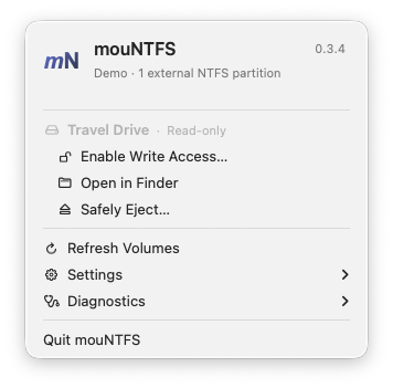 Actual menu with a read-only sample NTFS drive