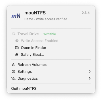 Actual mouNTFS menu with a sample drive marked writable
